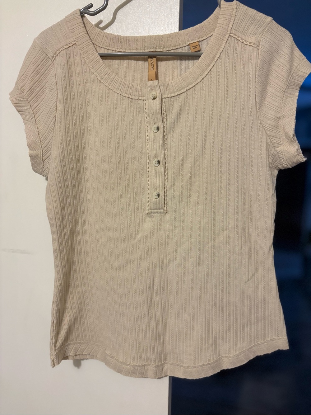Shyanne Cream Ribbed Henley Short Sleeve Top